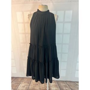 Loft Black Swiss Dot High Neck Keyhole Tiered Sleeveless A-Line Dress Medium